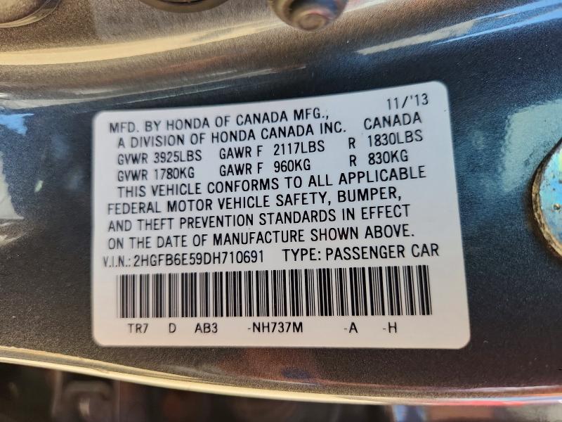 2013 Honda Civic მანქანა იყიდება აუქციონზე, vin: 2HGFB6E59DH710691, აუქციონის ნომერი: 50745886