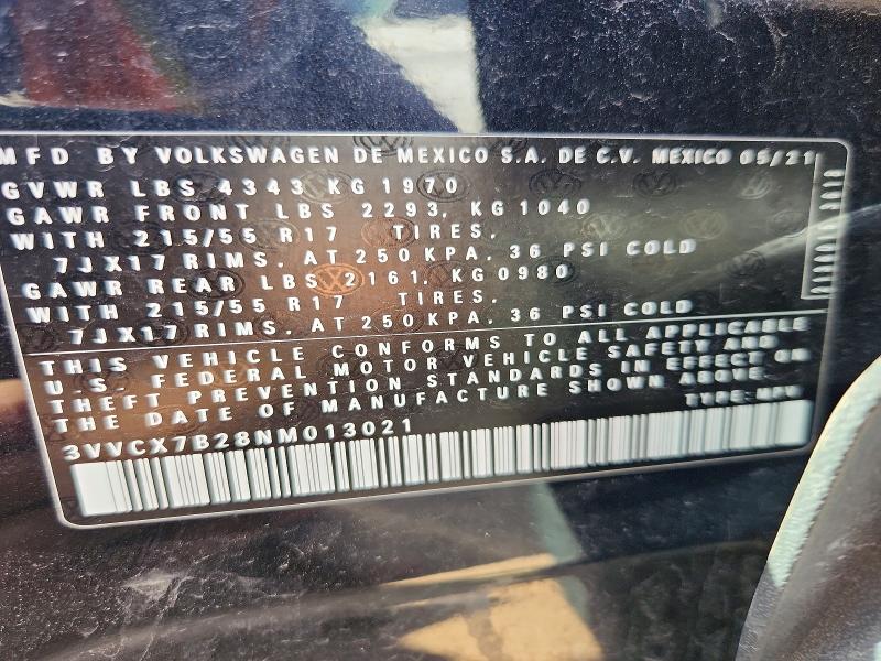 2022 Volkswagen Taos მანქანა იყიდება აუქციონზე, vin: 3VVCX7B28NM013021, აუქციონის ნომერი: 50625916