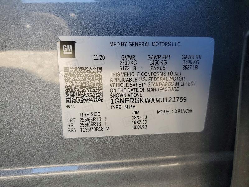 48512826 :رقم المزاد ، 1GNERGKWXMJ121759 vin ، 2021 Chevrolet Traverse مزاد بيع
