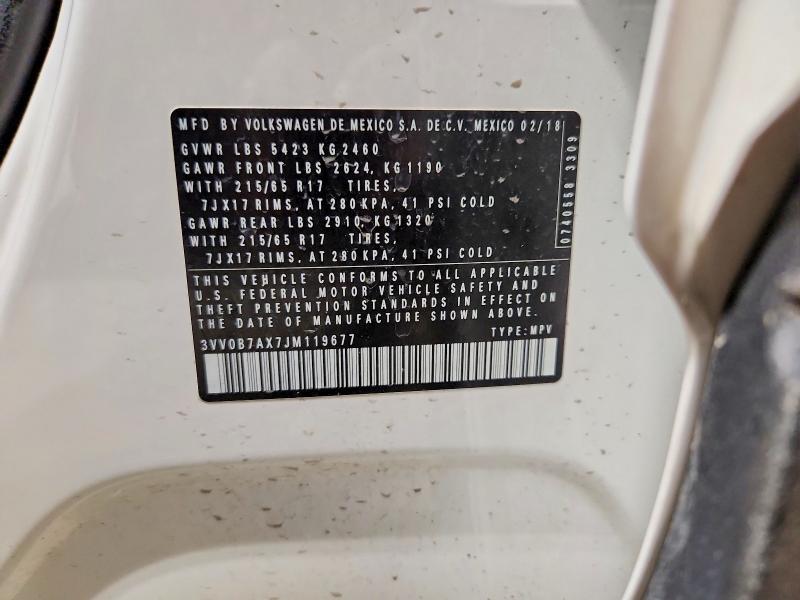 2018 Volkswagen Tiguan მანქანა იყიდება აუქციონზე, vin: 3VV0B7AX7JM119677, აუქციონის ნომერი: 50997866