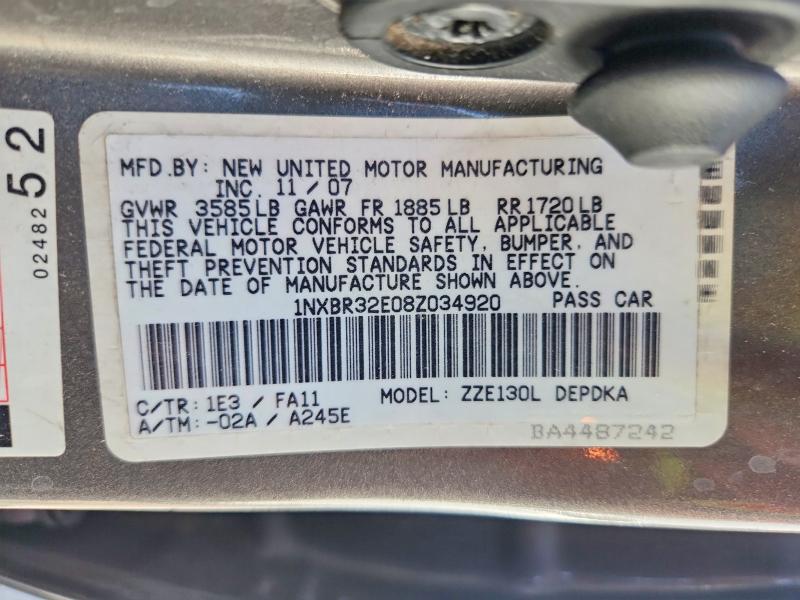 Продажа на аукционе авто 2008 Toyota Corolla, vin: 1NXBR32E08Z034920, номер лота: 46783076