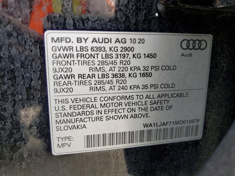 2021 Audi Q7 მანქანა იყიდება აუქციონზე, vin: WA1LJAF71MD018679, აუქციონის ნომერი: 48823436