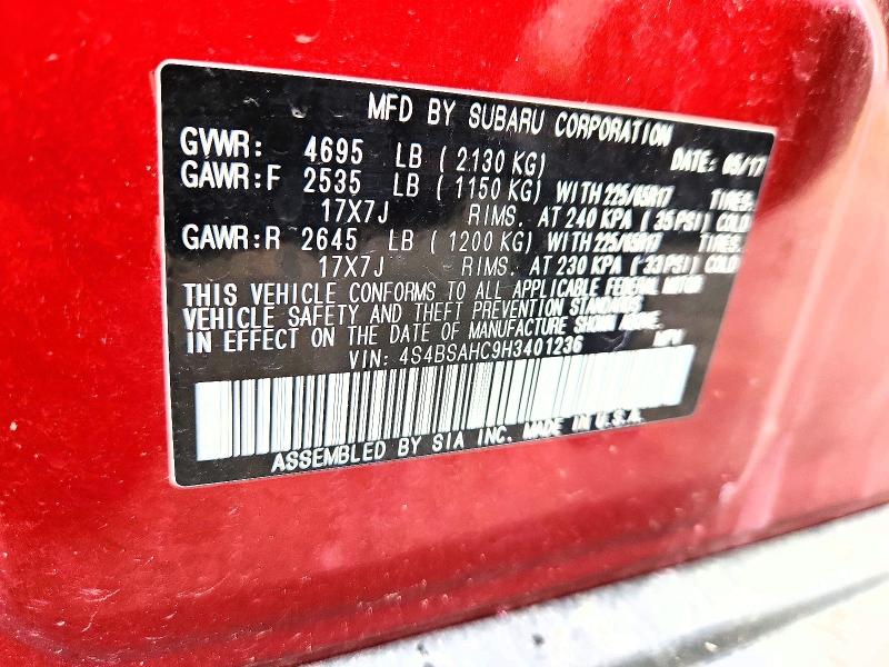 51634506 :رقم المزاد ، 4S4BSAHC9H3401236 vin ، 2017 Subaru Outback مزاد بيع