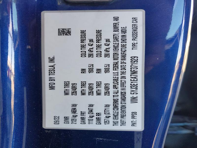 2022 Tesla Model 3 მანქანა იყიდება აუქციონზე, vin: 5YJ3E1EA7NF371929, აუქციონის ნომერი: 50350706