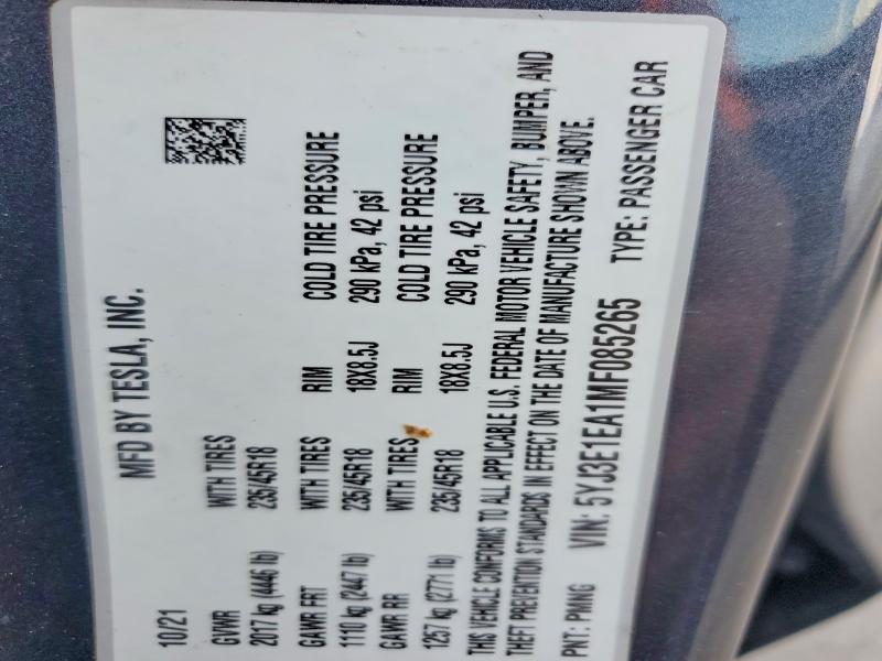 49759636 :رقم المزاد ، 5YJ3E1EA1MF085265 vin ، 2021 Tesla Model 3 مزاد بيع