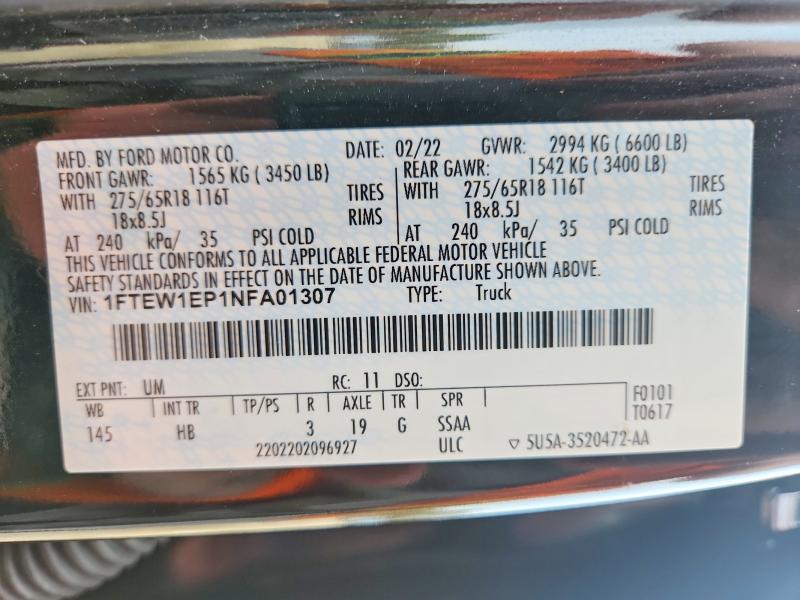 Aukcja sprzedaży 2022 Ford F150, vin: 1FTEW1EP1NFA01307, numer aukcji: 50054786