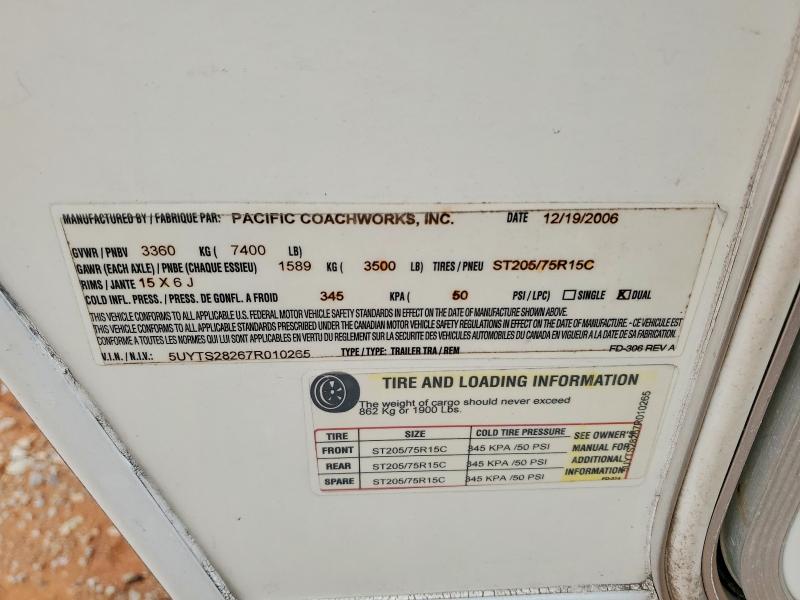 49582536 :رقم المزاد ، 5UYTS28267R010265 vin ، 2007 Pacifworks Trv Traile مزاد بيع