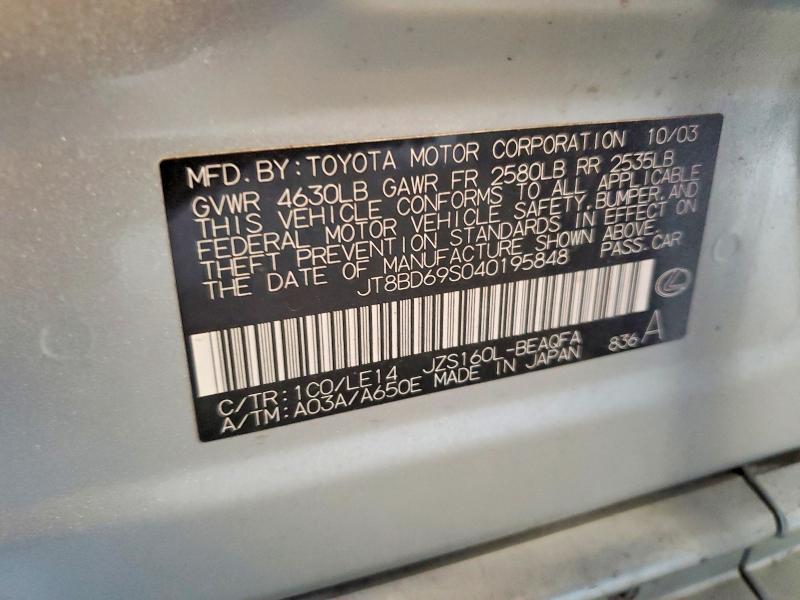 49011646 :رقم المزاد ، JT8BD69S040195848 vin ، 2004 Lexus Gs 300 مزاد بيع