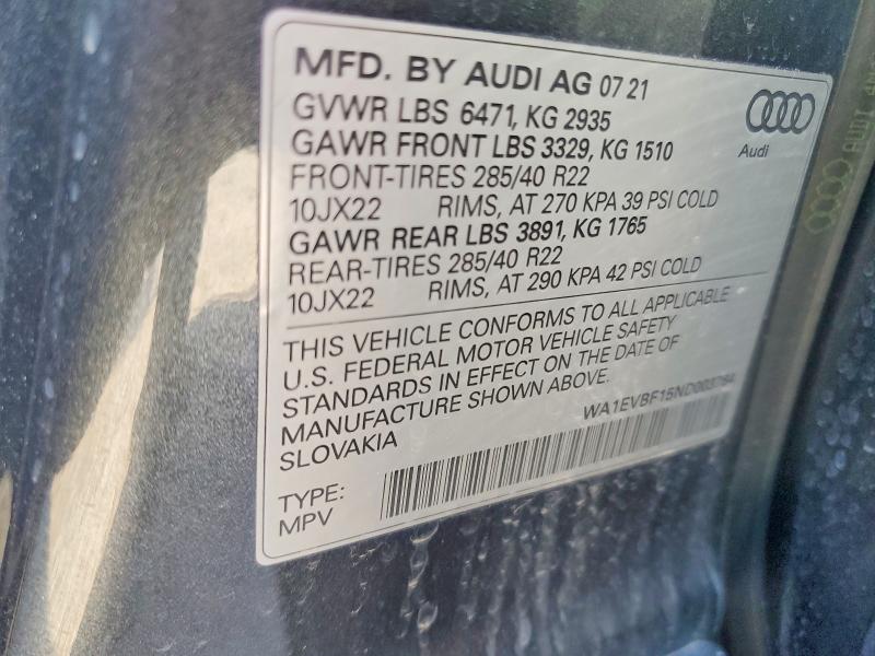 Aukcja sprzedaży 2022 Audi Q8, vin: WA1EVBF15ND003764, numer aukcji: 49127286