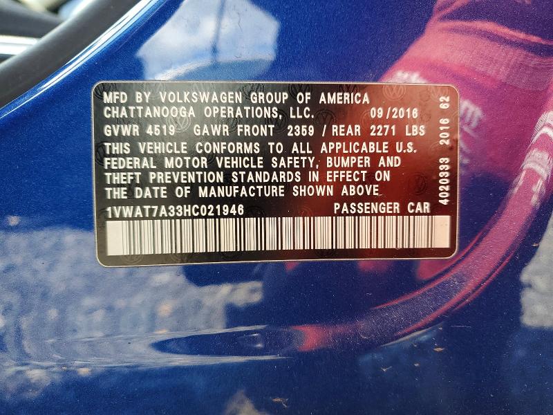 51069076 :رقم المزاد ، 1VWAT7A33HC021946 vin ، 2017 Volkswagen Passat مزاد بيع