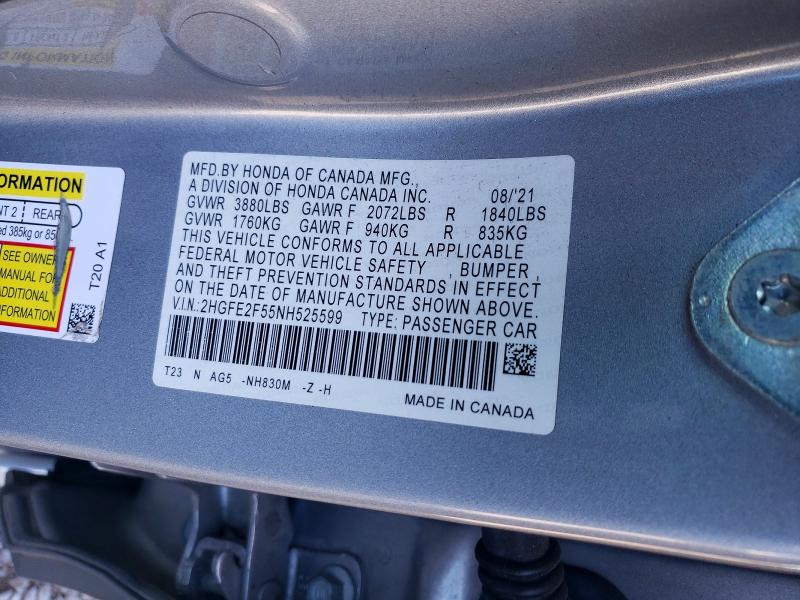 49425946 :رقم المزاد ، 2HGFE2F55NH525599 vin ، 2022 Honda Civic مزاد بيع