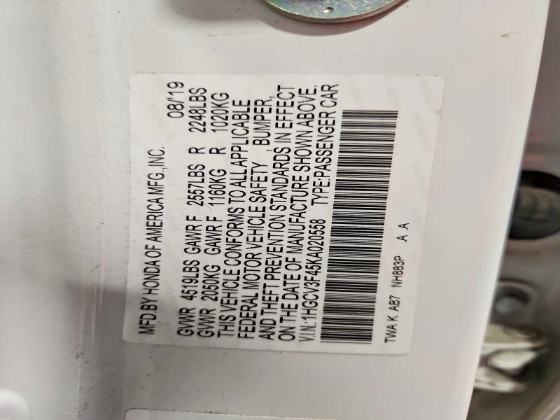 Auction sale of the 2019 Honda Accord, vin: 1HGCV3F45KA020558, lot number: 48943486