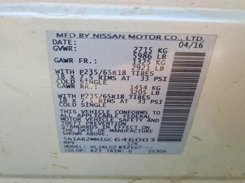 2016 Nissan Pathfinder მანქანა იყიდება აუქციონზე, vin: 5N1AR2MN1GC646003, აუქციონის ნომერი: 47913786