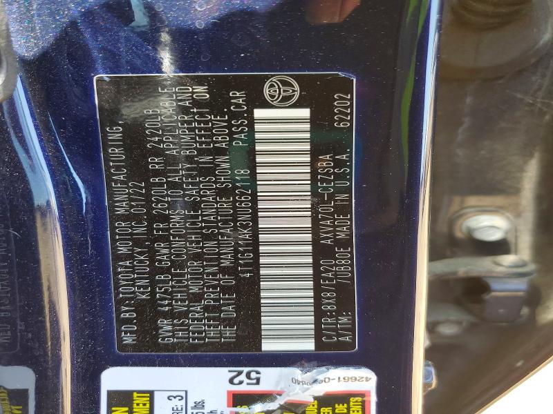 Продажа на аукционе авто 2022 Toyota Camry, vin: 4T1G11AK3NU662118, номер лота: 51335816