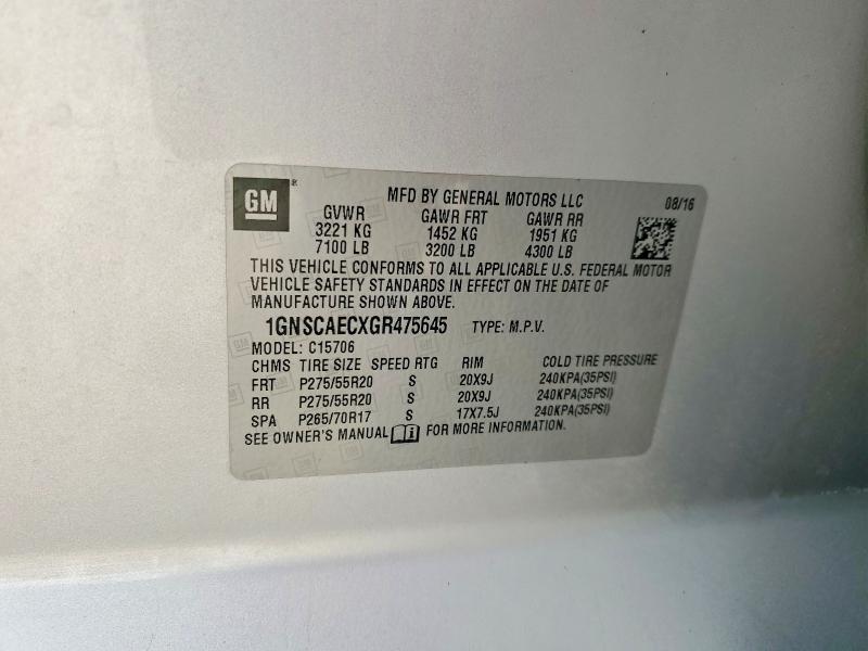 Продаж на аукціоні авто 2016 Chevrolet Tahoe, vin: 1GNSCAECXGR475645, номер лоту: 51987246