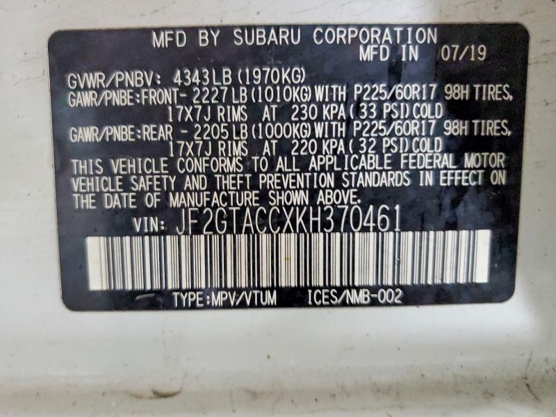 51768626 :رقم المزاد ، JF2GTACCXKH370461 vin ، 2019 Subaru Crosstrek مزاد بيع