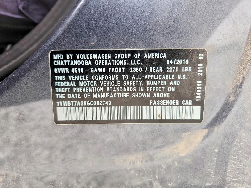 Продаж на аукціоні авто 2016 Volkswagen Passat, vin: 1VWBT7A39GC052749, номер лоту: 49378776