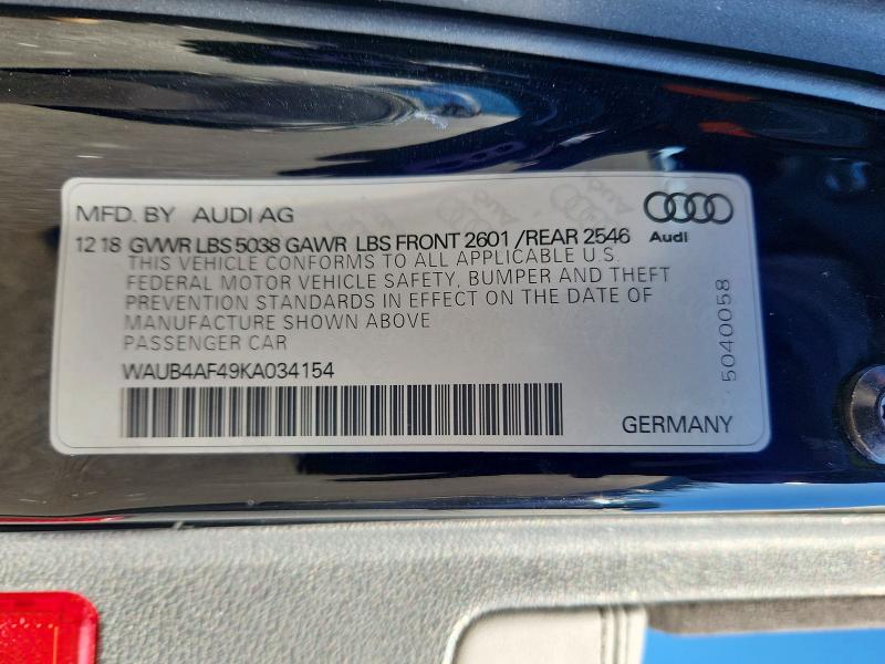 Aukcja sprzedaży 2019 Audi S4, vin: WAUB4AF49KA034154, numer aukcji: 49165976