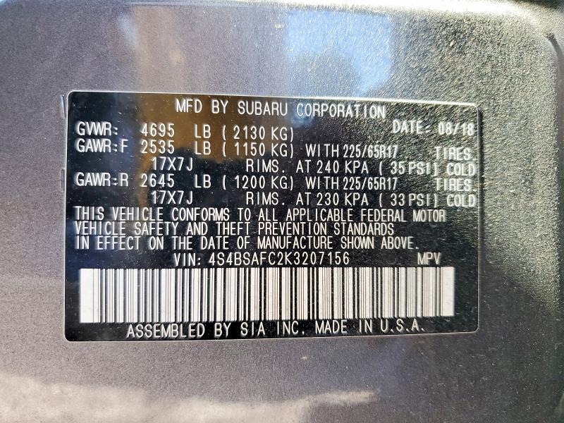 Продаж на аукціоні авто 2019 Subaru Outback, vin: 4S4BSAFC2K3207156, номер лоту: 49458326