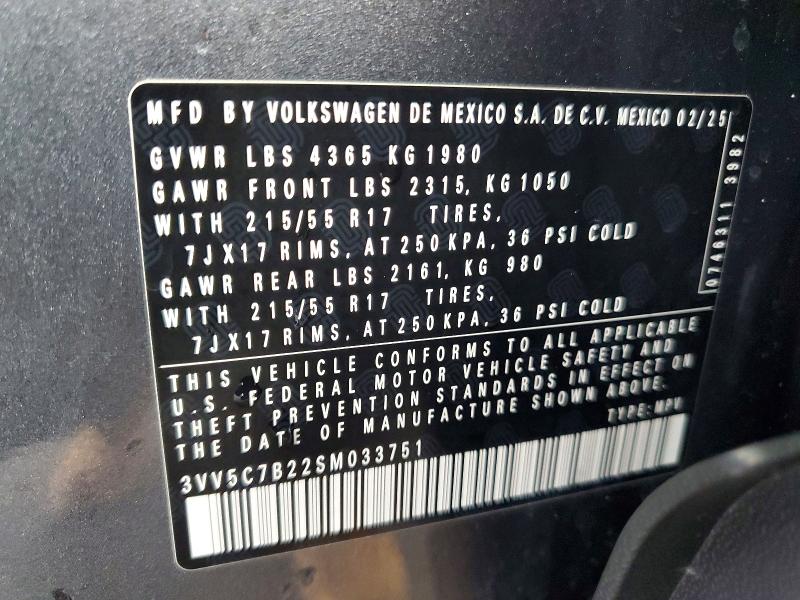 50570586 :رقم المزاد ، 3VV5C7B22SM033751 vin ، 2025 Volkswagen Taos مزاد بيع