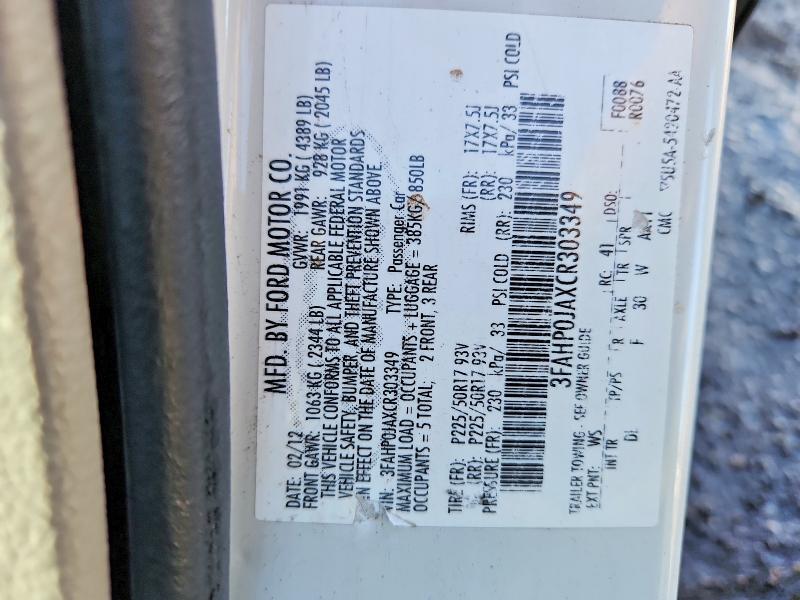 Aukcja sprzedaży 2012 Ford Fusion, vin: 3FAHP0JAXCR303349, numer aukcji: 50993576