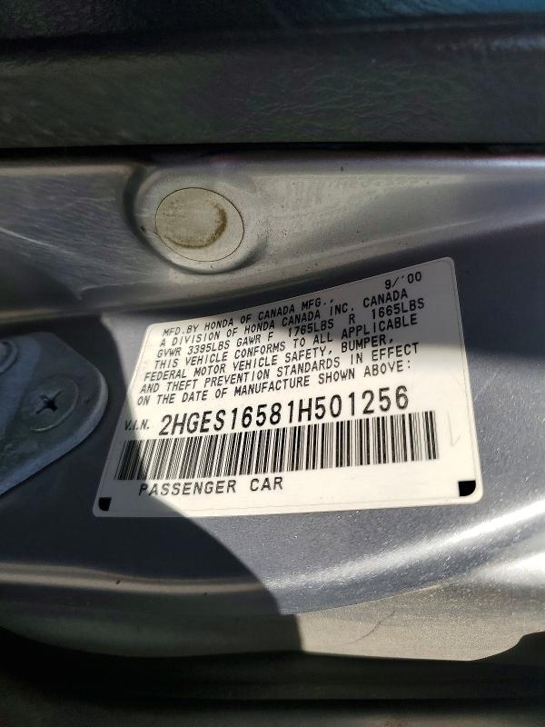 Aukcja sprzedaży 2001 Honda Civic, vin: 2HGES16581H501256, numer aukcji: 52090506