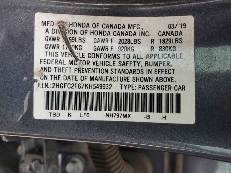 Продаж на аукціоні авто 2019 Honda Civic, vin: 2HGFC2F67KH549932, номер лоту: 52069986