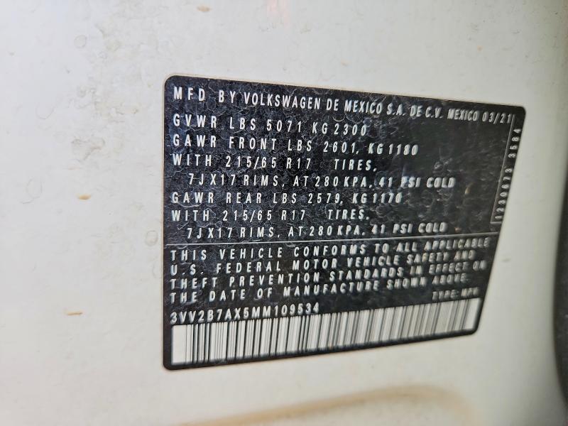 Aukcja sprzedaży 2021 Volkswagen Tiguan, vin: 3VV2B7AX5MM109534, numer aukcji: 50608056