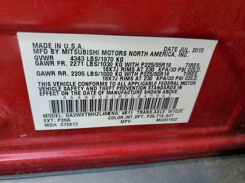 Aukcja sprzedaży 2015 Mitsubishi Outlander Sport, vin: 4A4AR3AU0FE045943, numer aukcji: 50083506