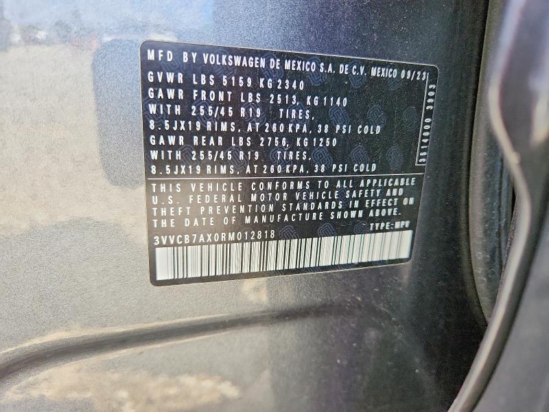 2024 Volkswagen Tiguan მანქანა იყიდება აუქციონზე, vin: 3VVCB7AX0RM012818, აუქციონის ნომერი: 48020546