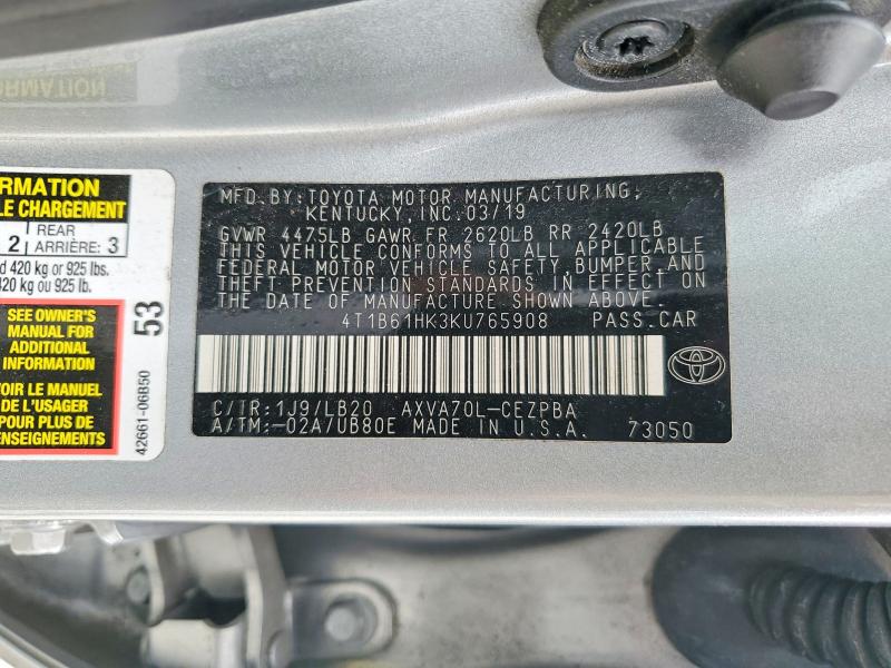 2019 Toyota Camry მანქანა იყიდება აუქციონზე, vin: 4T1B61HK3KU765908, აუქციონის ნომერი: 50780866
