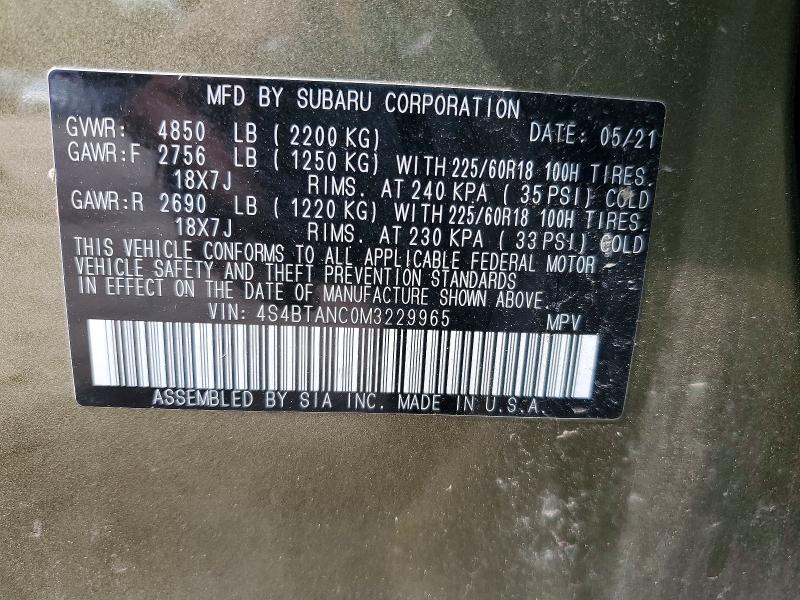 Продаж на аукціоні авто 2021 Subaru Outback, vin: 4S4BTANC0M3229965, номер лоту: 50644006