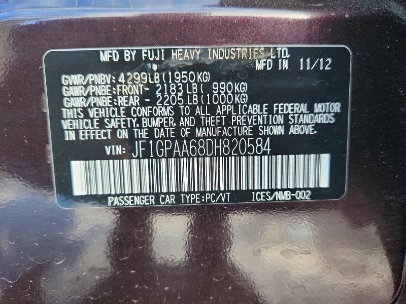 Aukcja sprzedaży 2013 Subaru Impreza, vin: JF1GPAA68DH820584, numer aukcji: 48438666