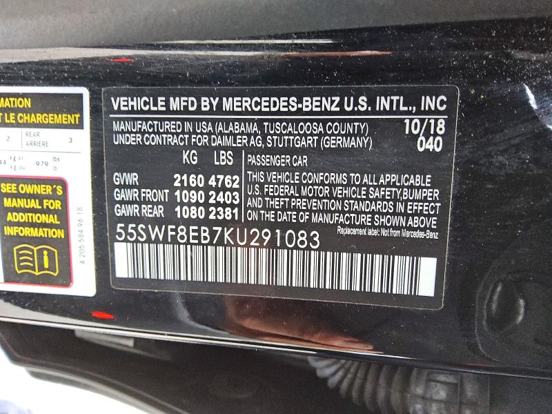 50649786 :رقم المزاد ، 55SWF8EB7KU291083 vin ، 2019 Mercedes-benz C مزاد بيع