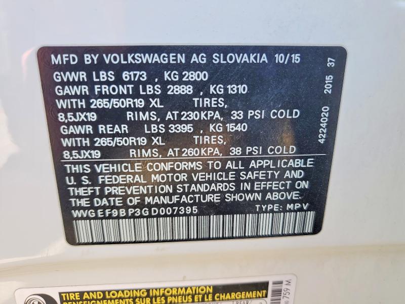 Продаж на аукціоні авто 2016 Volkswagen Touareg, vin: WVGEF9BP3GD007395, номер лоту: 49484606