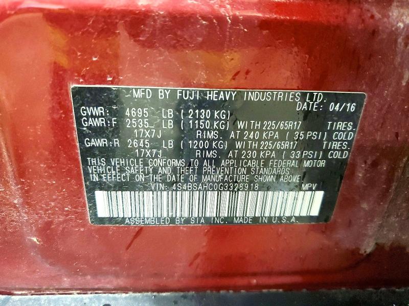 Aukcja sprzedaży 2016 Subaru Outback, vin: 4S4BSAHC0G3328918, numer aukcji: 50132346
