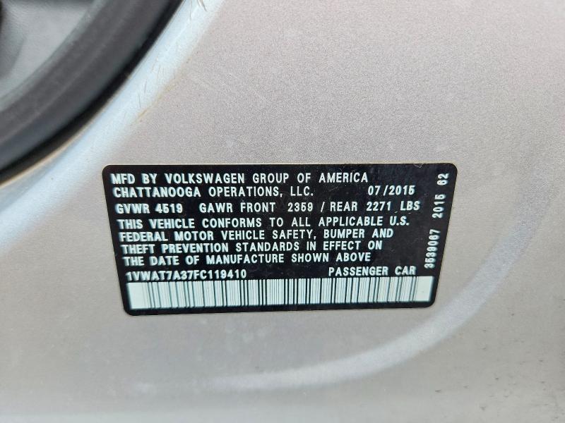 2015 Volkswagen Passat მანქანა იყიდება აუქციონზე, vin: 1VWAT7A37FC119410, აუქციონის ნომერი: 48172286