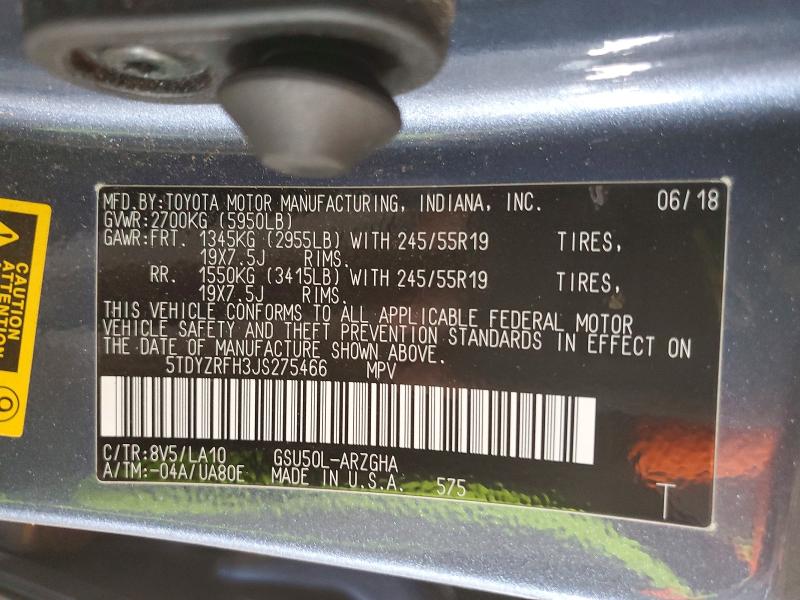 2018 Toyota Highlander მანქანა იყიდება აუქციონზე, vin: 5TDYZRFH3JS275466, აუქციონის ნომერი: 51490236