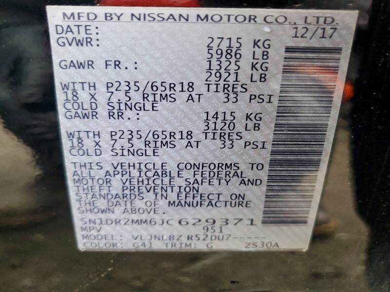 2018 Nissan Pathfinder მანქანა იყიდება აუქციონზე, vin: 5N1DR2MM6JC629371, აუქციონის ნომერი: 48615076