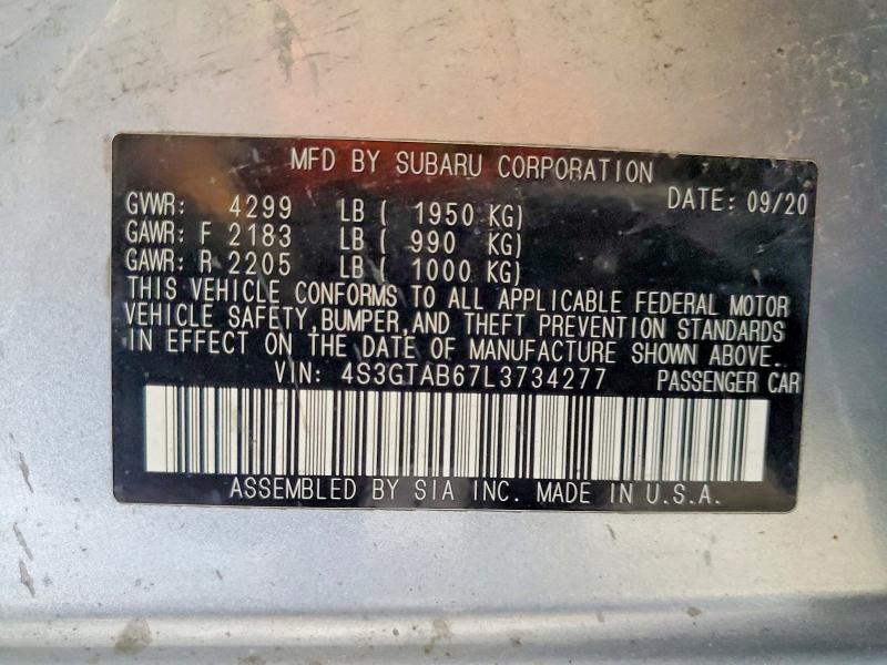 51108326 :رقم المزاد ، 4S3GTAB67L3734277 vin ، 2020 Subaru Impreza مزاد بيع