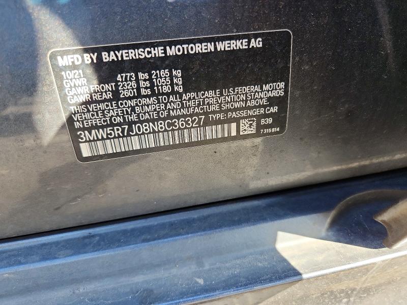 49602956 :رقم المزاد ، 3MW5R7J08N8C36327 vin ، 2022 Bmw 330xi مزاد بيع