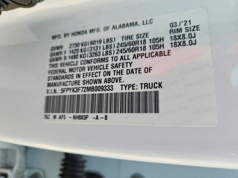2021 Honda Ridgeline მანქანა იყიდება აუქციონზე, vin: 5FPYK3F72MB009333, აუქციონის ნომერი: 50091046