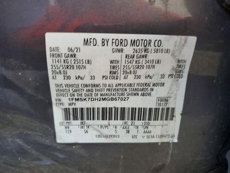 Aukcja sprzedaży 2021 Ford Explorer, vin: 1FMSK7DH2MGB67027, numer aukcji: 50855526