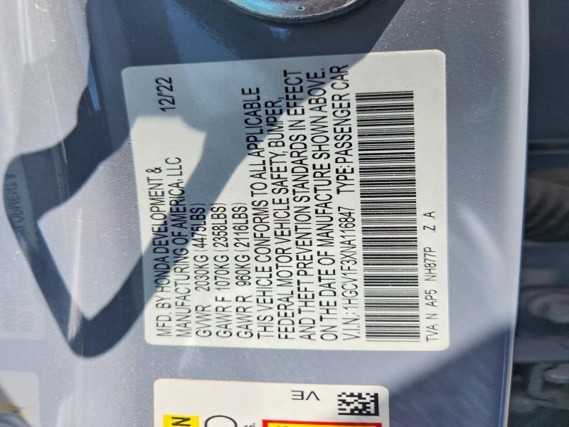 Auction sale of the 2022 Honda Accord, vin: 1HGCV1F3XNA116847, lot number: 51507666