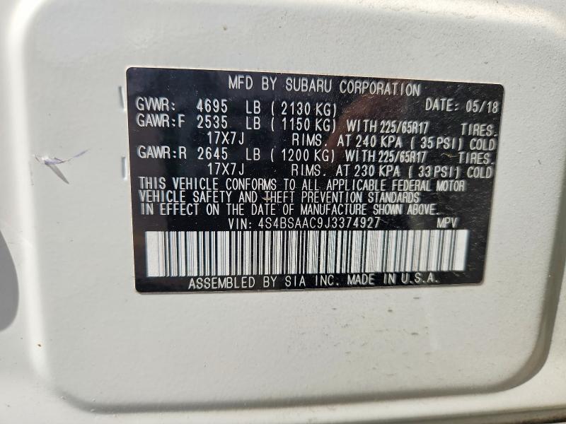 2018 Subaru Outback მანქანა იყიდება აუქციონზე, vin: 4S4BSAAC9J3374927, აუქციონის ნომერი: 49592926