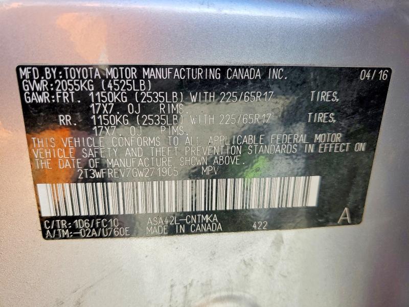 50548846 :رقم المزاد ، 2T3WFREV7GW271905 vin ، 2016 Toyota Rav4 مزاد بيع