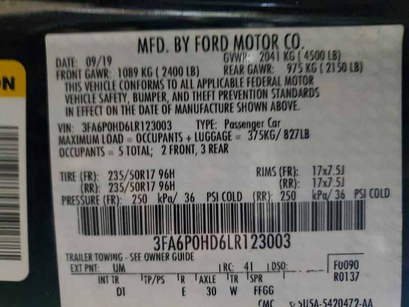 Продаж на аукціоні авто 2020 Ford Fusion, vin: 3FA6P0HD6LR123003, номер лоту: 48142056