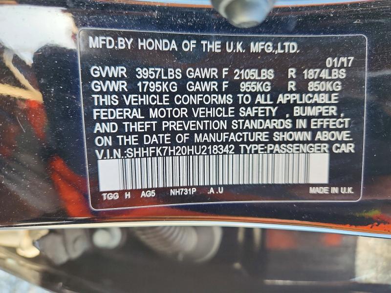 Aukcja sprzedaży 2017 Honda Civic, vin: SHHFK7H20HU218342, numer aukcji: 51008236