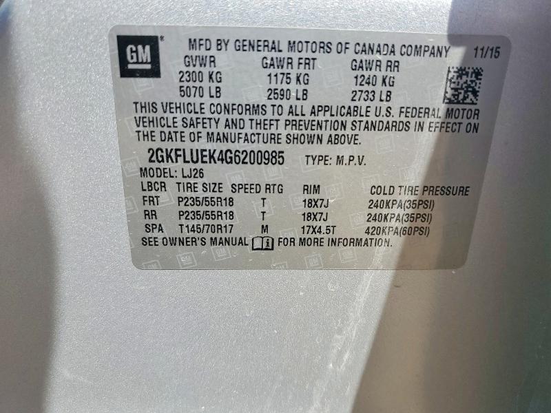 Aukcja sprzedaży 2016 Gmc Terrain, vin: 2GKFLUEK4G6200985, numer aukcji: 49468186