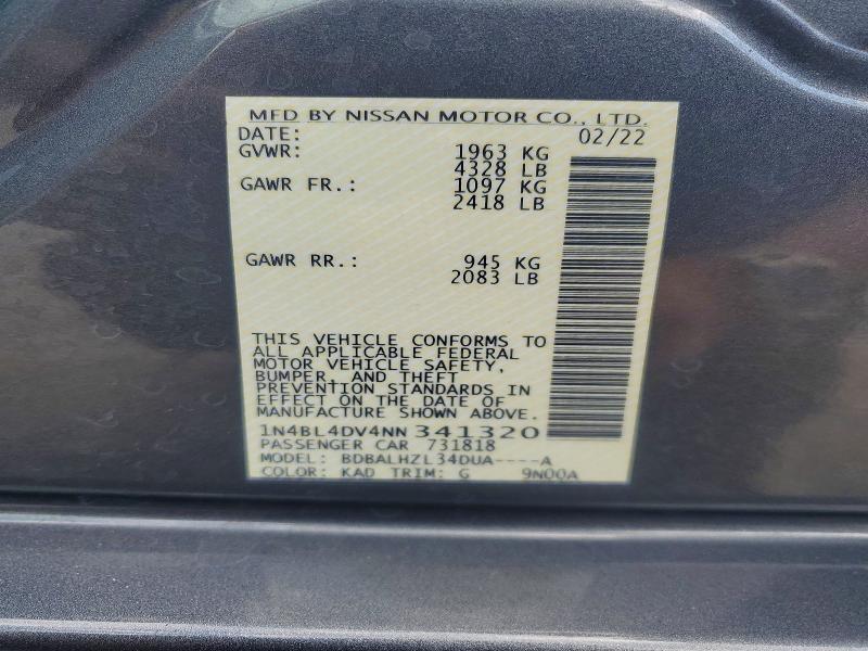 50527976 :رقم المزاد ، 1N4BL4DV4NN341320 vin ، 2022 Nissan Altima مزاد بيع